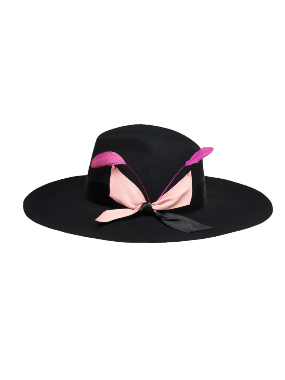 Elegante cappello nero in feltro con due piume rosa 