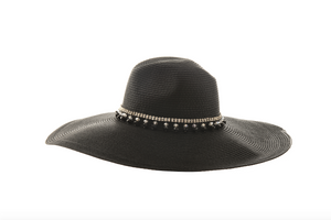 Accessorio estivo femminile, cappello in paglia nera con dettagli decorativi