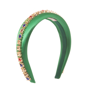 Cerchietto verde decorato con cristalli colorati, perfetto per un look elegante